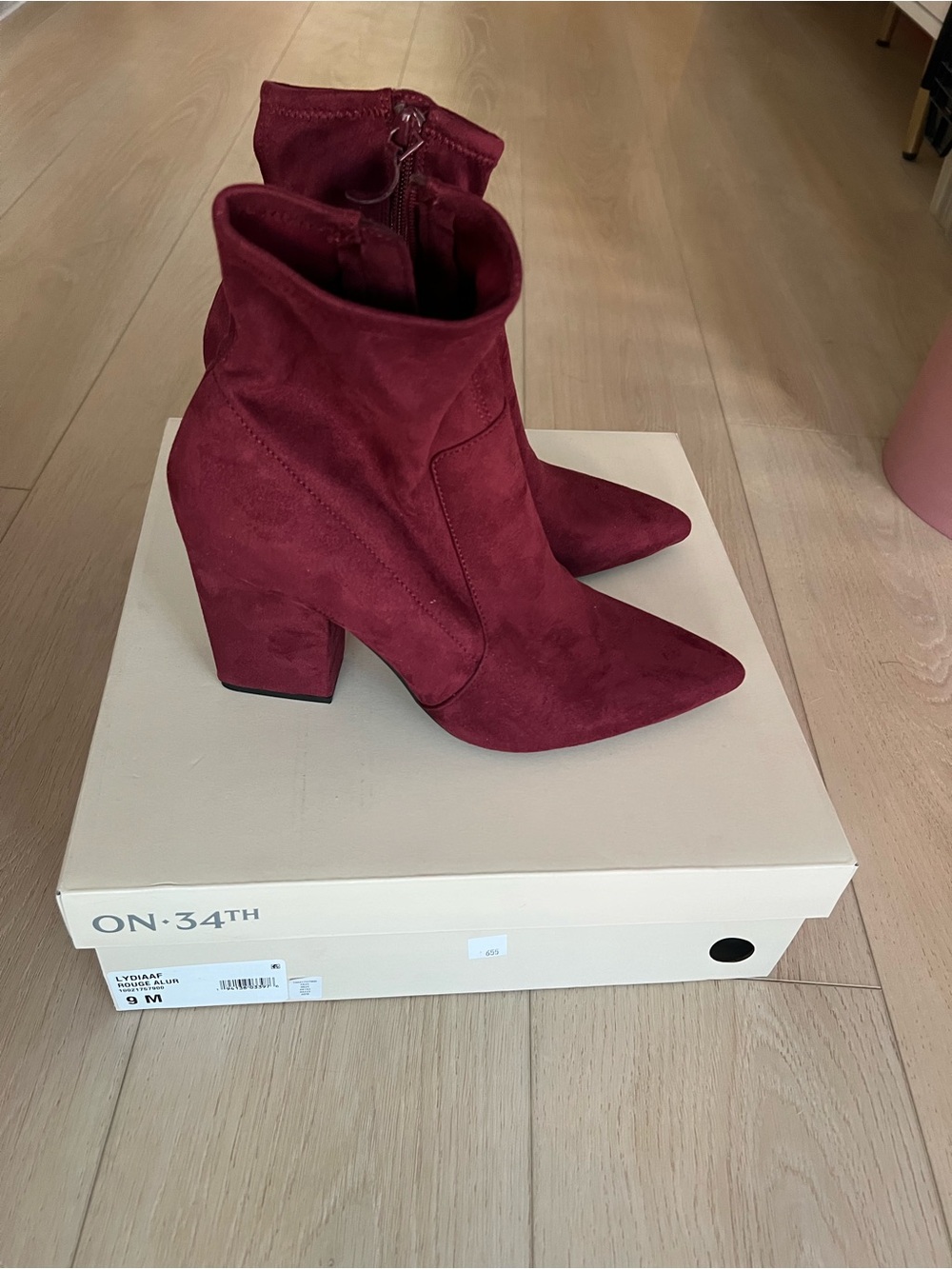 ON|34TH Burgundy Suede Pointed-Toe Block Heel Ankle Boot